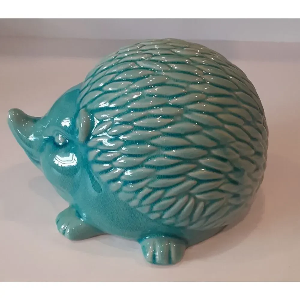 Adorable Aged Turquoise Hedgehog Garden Ornament